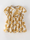 Mustard floral kids' dress with a ruffle collar and puff sleeves.