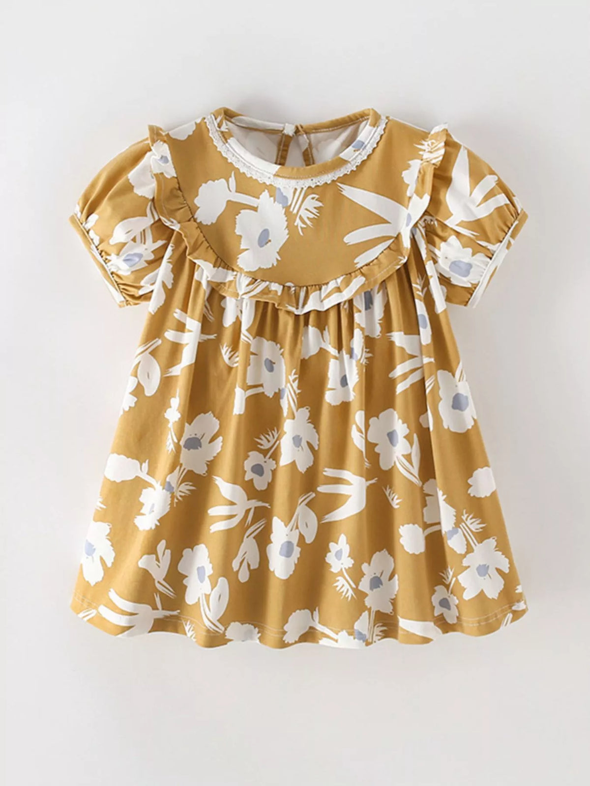 Mustard Floral Ruffle-Collar Dress