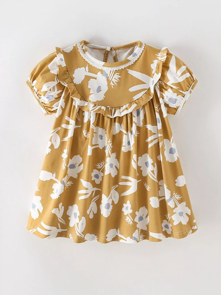 Mustard floral kids' dress with a ruffle collar and puff sleeves.