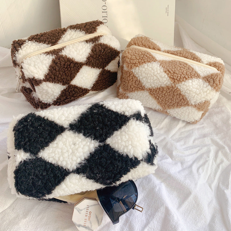 Plaid Plush Crossbody Bag | Large Capacity Makeup & Storage Organizer | Korean Style