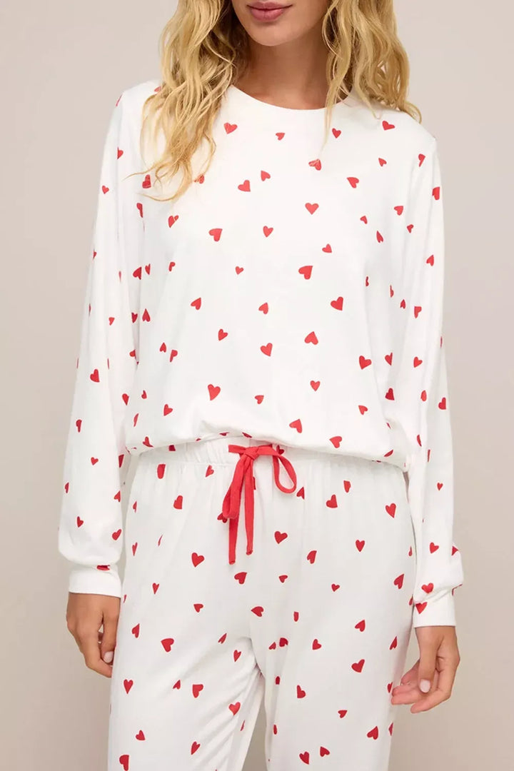 Heart-Print Long-Sleeve Top & Pants Lounge Set — White