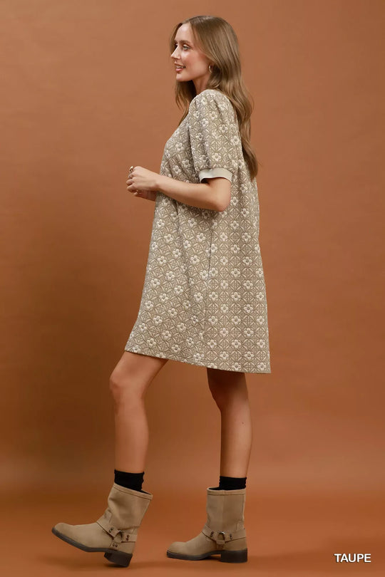 Another view: Umgee Floral Textured Puff Sleeve Mini Dress — Taupe