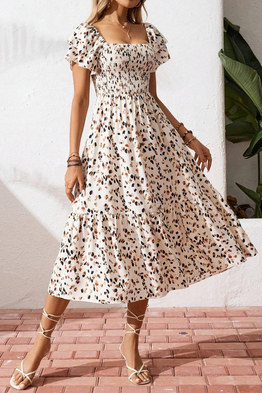 Square-Neck Ruffle-Sleeve Midi Dress