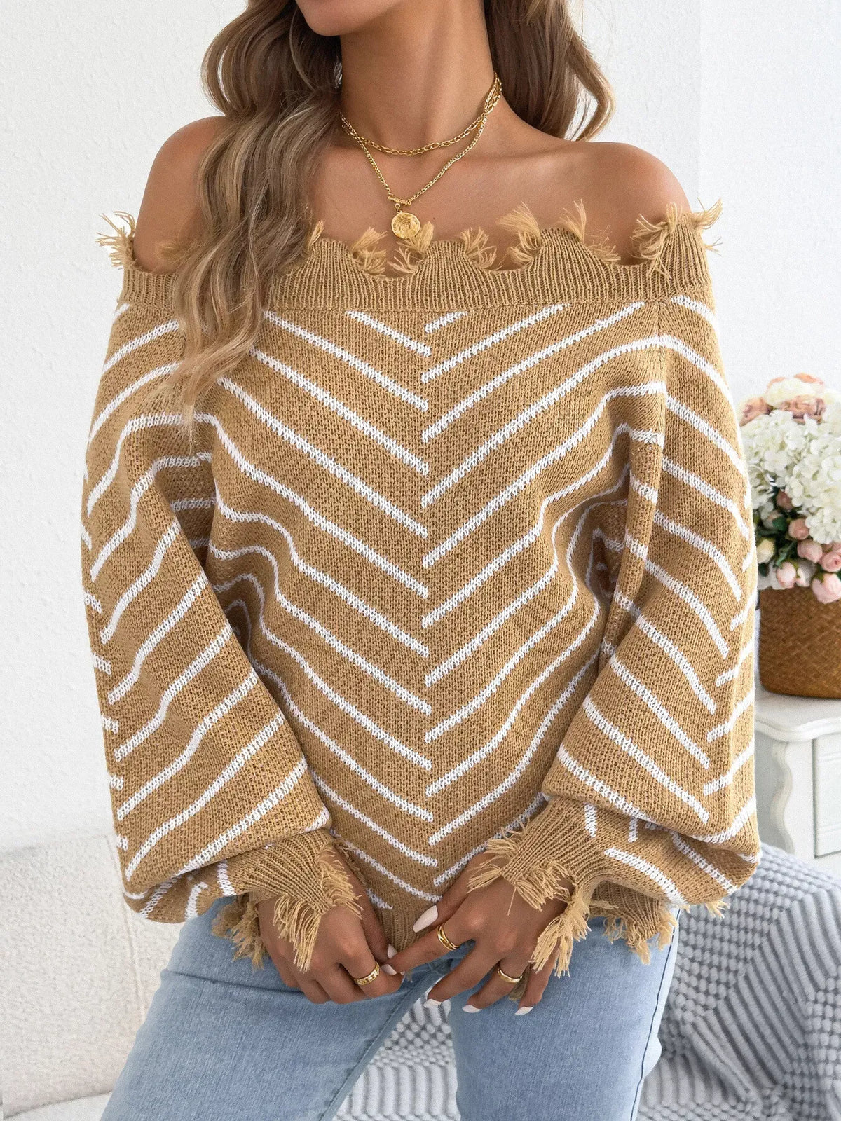 Women's Distressed Off-Shoulder Striped Sweater — photo 8