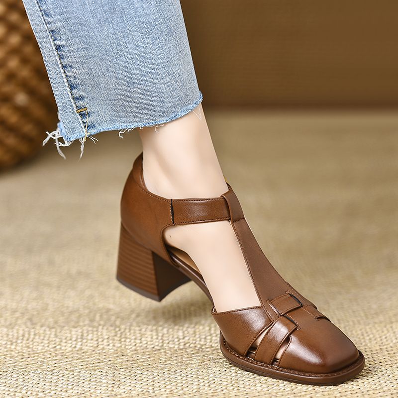 Women's Chunky Heel Peep-Toe Sandals | Hollow-Out Buckle Strap | PU Upper | Sizes 34–40