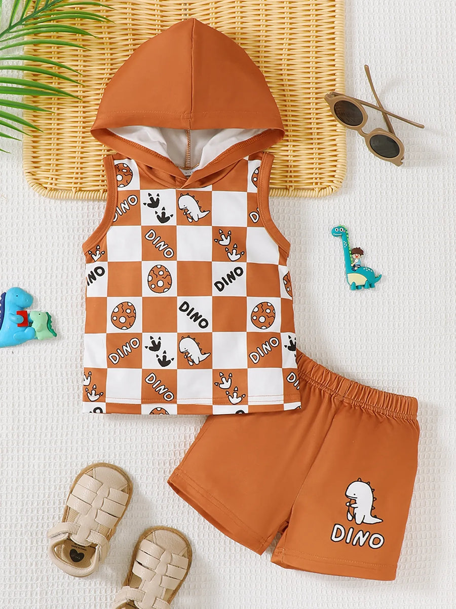 Baby Dinosaur Check Hooded Top & Shorts Set — Terracotta