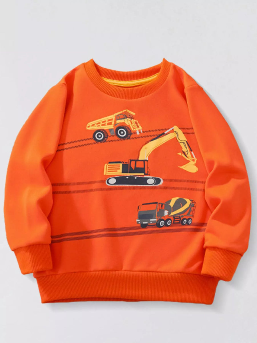 Kids’ Construction Vehicle Sweatshirt — Orange