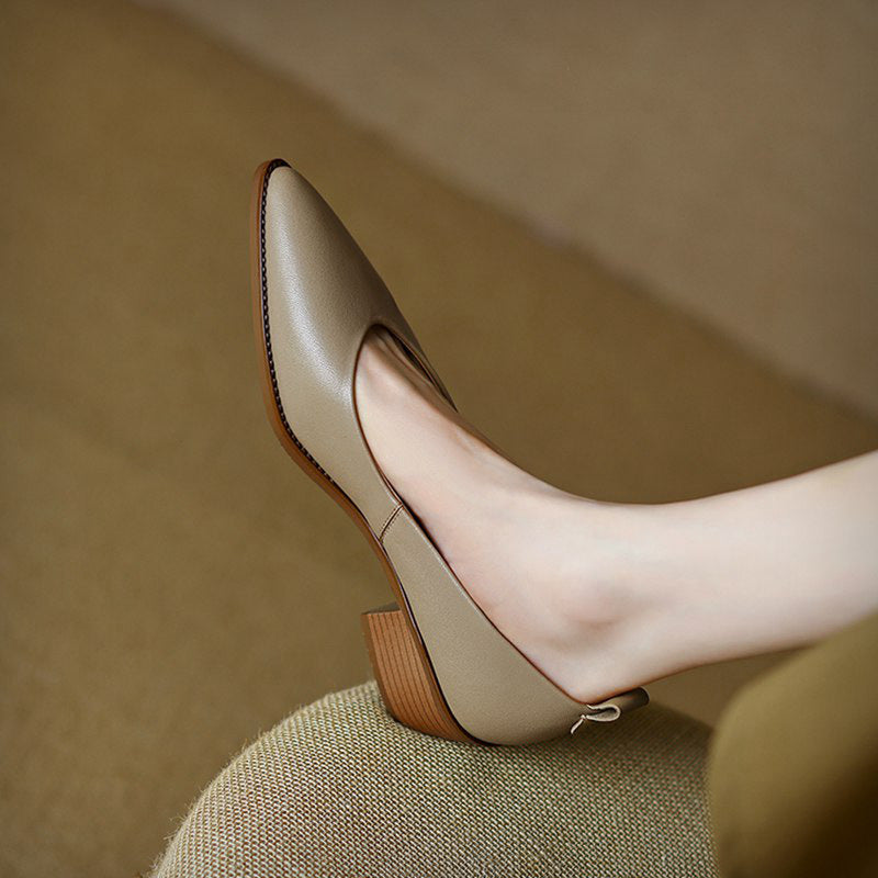 Women's Sheepskin Chunky Heel Slip-On Shoes | Pointed Toe Low Heels