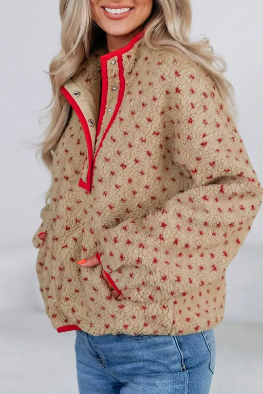 Another view: Heart-Pattern Fleece Colorblock Collar Sweatshirt — Camel