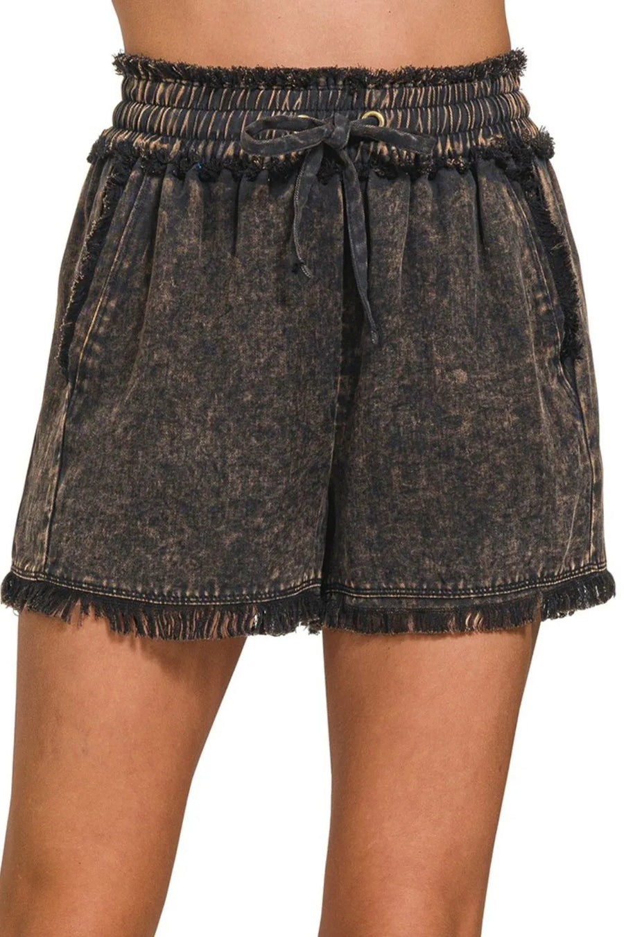 Mineral Frayed Hem Washed Shorts — ASH BLACK