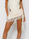 Milky-white ruffled floral-lace mini skirt