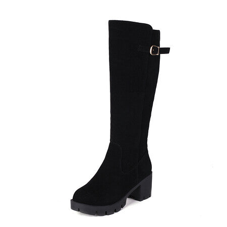 Women's Plus-Size Chunky Heel High-Top Boots | Suede Belt Buckle Winter Boots