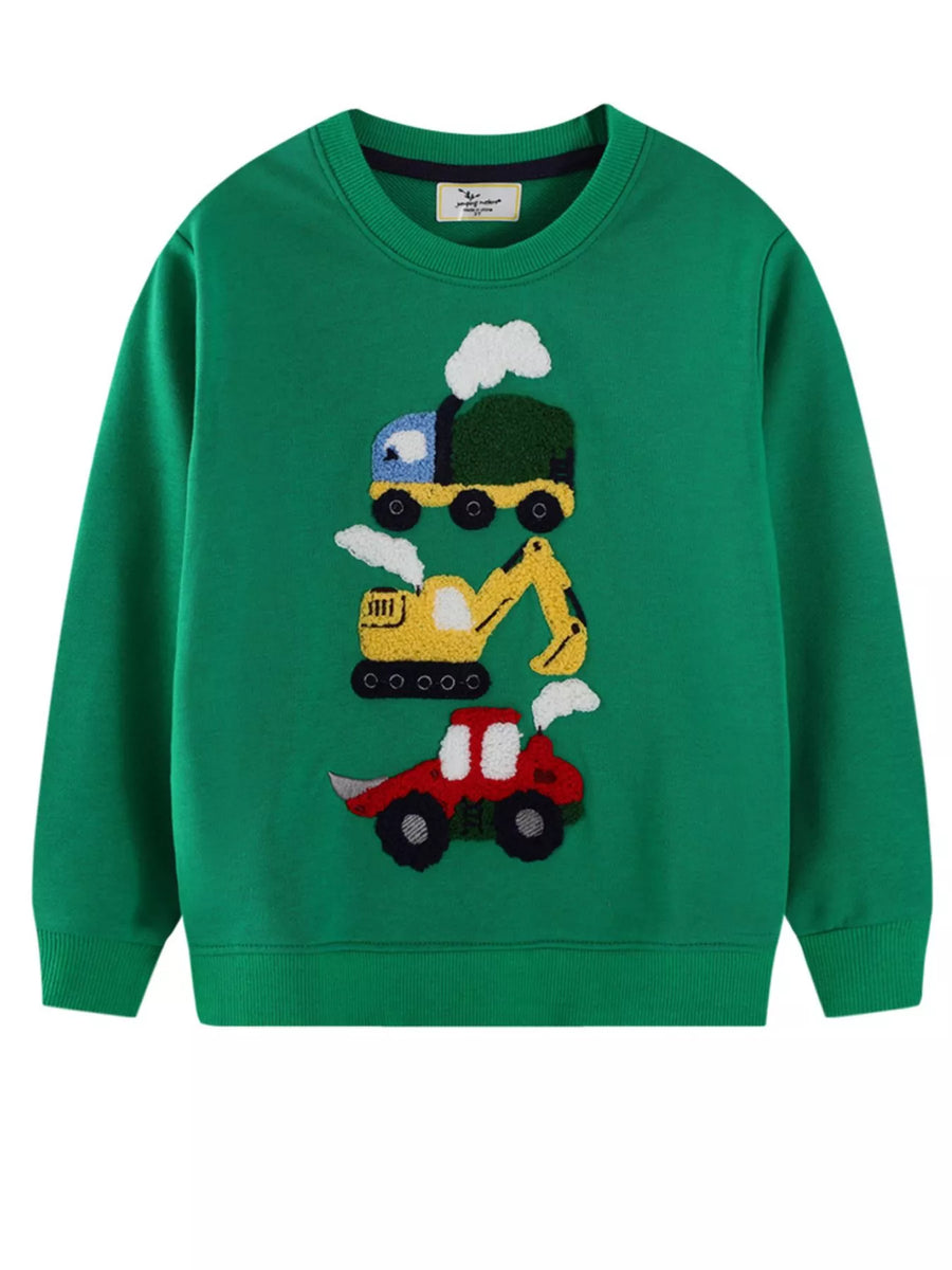 Kids’ Embroidered Vehicle Sweatshirt — Dark Green