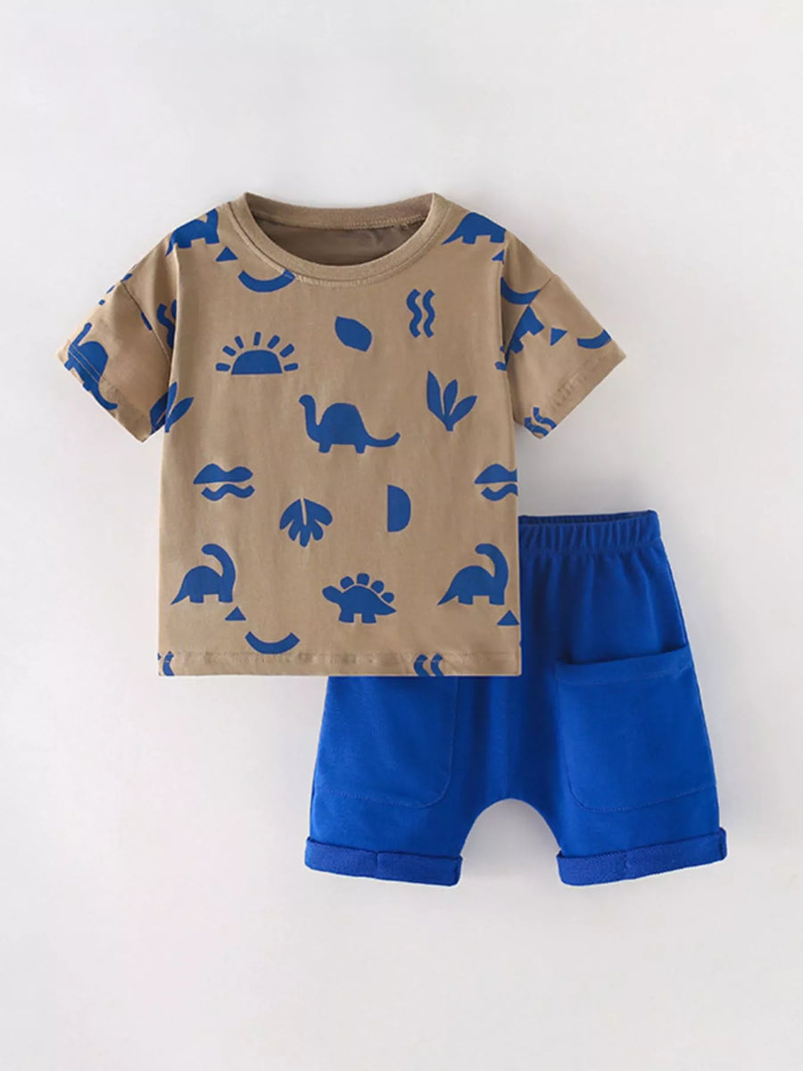 Kids’ Dinosaur Top & Pocketed Shorts Set — Camel