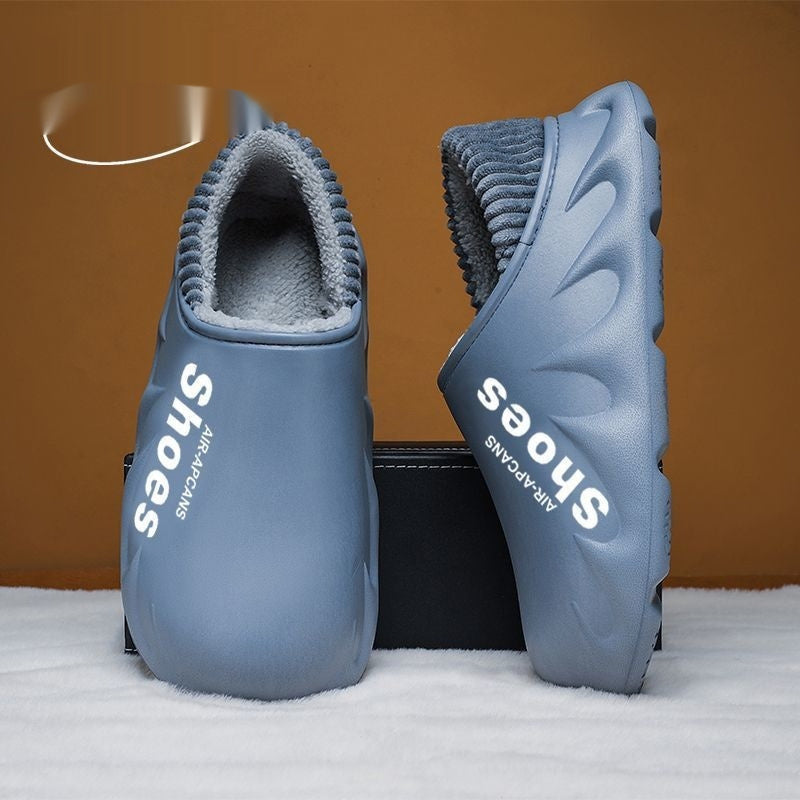 Men's Fleece-Lined Waterproof EVA Slippers - Non-Slip Indoor House Shoes with Faux Fur Lining