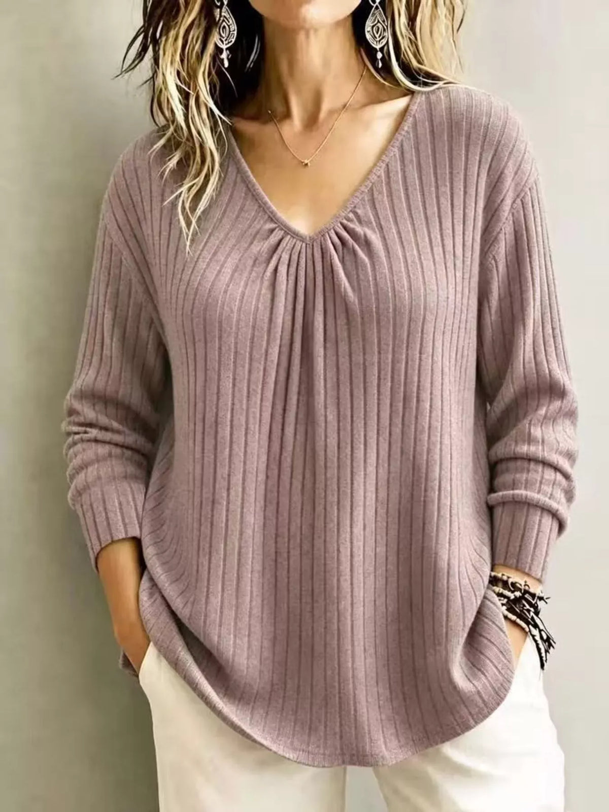 Women's Ribbed V-Neck Long-Sleeve Top — photo 17