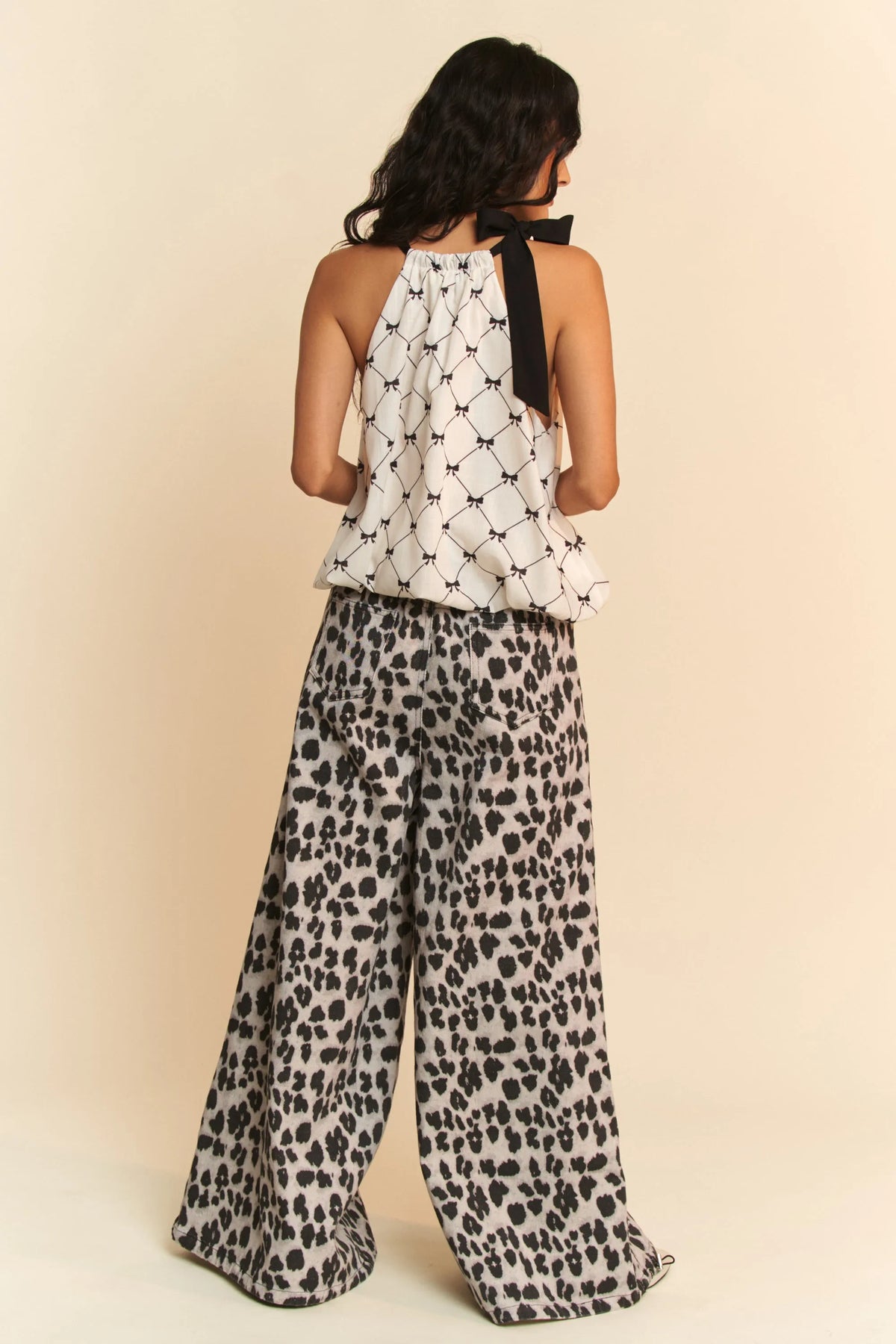 Davi & Dani Ribbon Checker Printed Tie Halter Neck Blouse Top