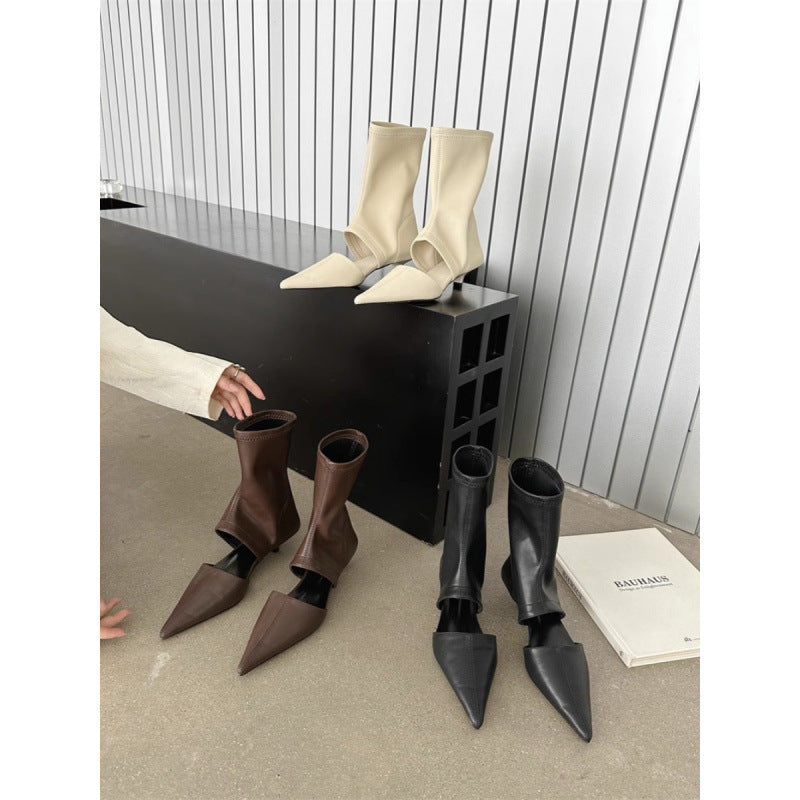 Women's French-Style Pointed-Toe Stiletto Boots - Mid-Calf Hollow-Out Design Stretchy PU Leather