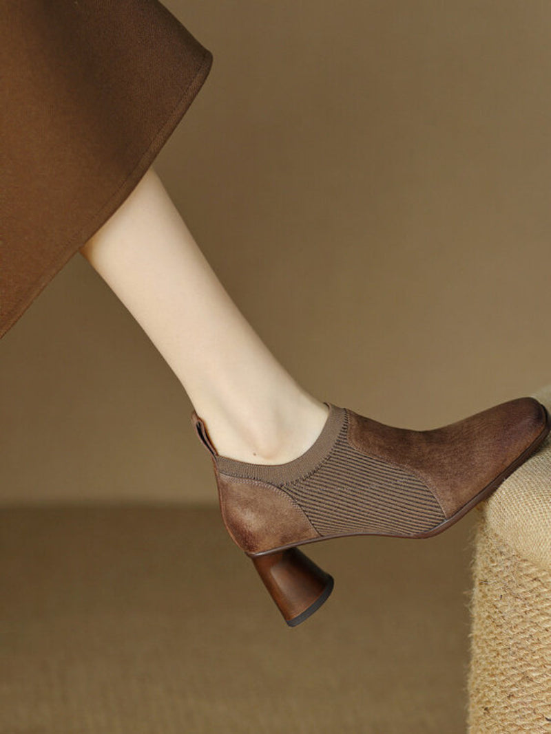 Women's Square Toe Chunky Heel Slip-On Pumps | Knitted Patchwork Leather High Heels | Black & Brown