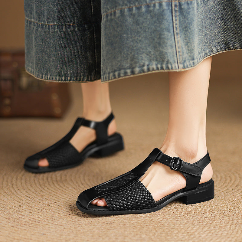 Women's Woven T-Strap Block Heel Sandals | Oiled Cowhide Square-Toe