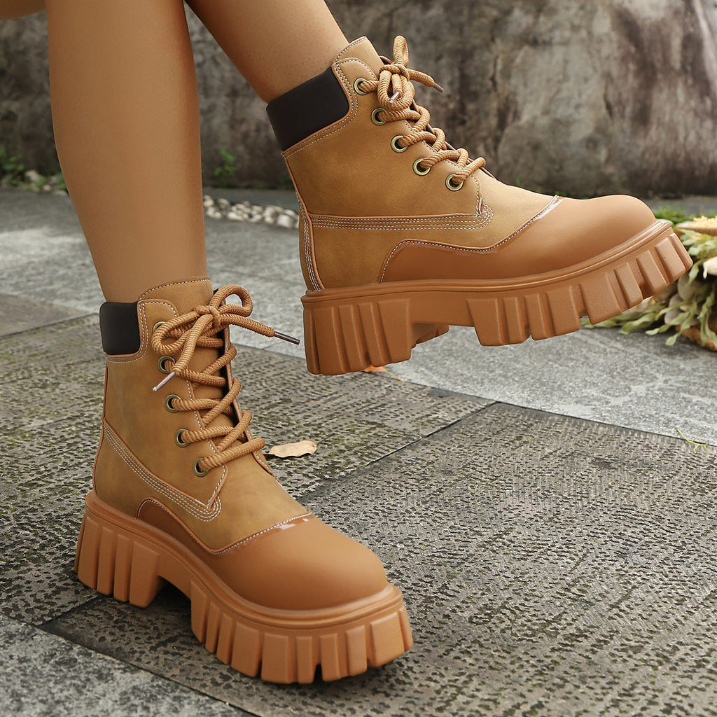 Women's Chunky Heel Vintage Ankle Boots – Plus Size Lace-Up Block Heel Booties