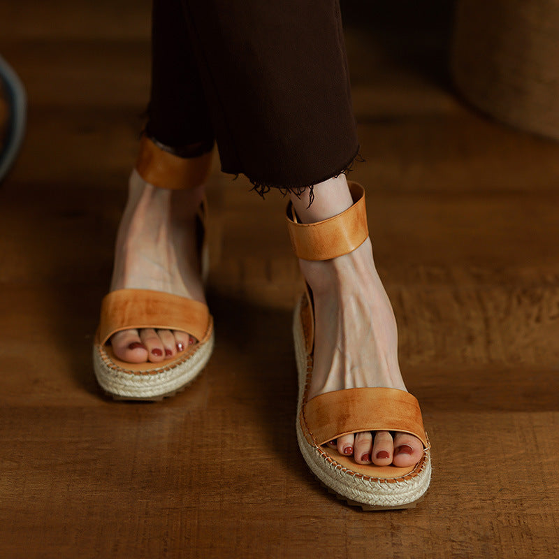 Women's Braided Leather Vintage Wedge Sandals | Round Toe Velcro Strap