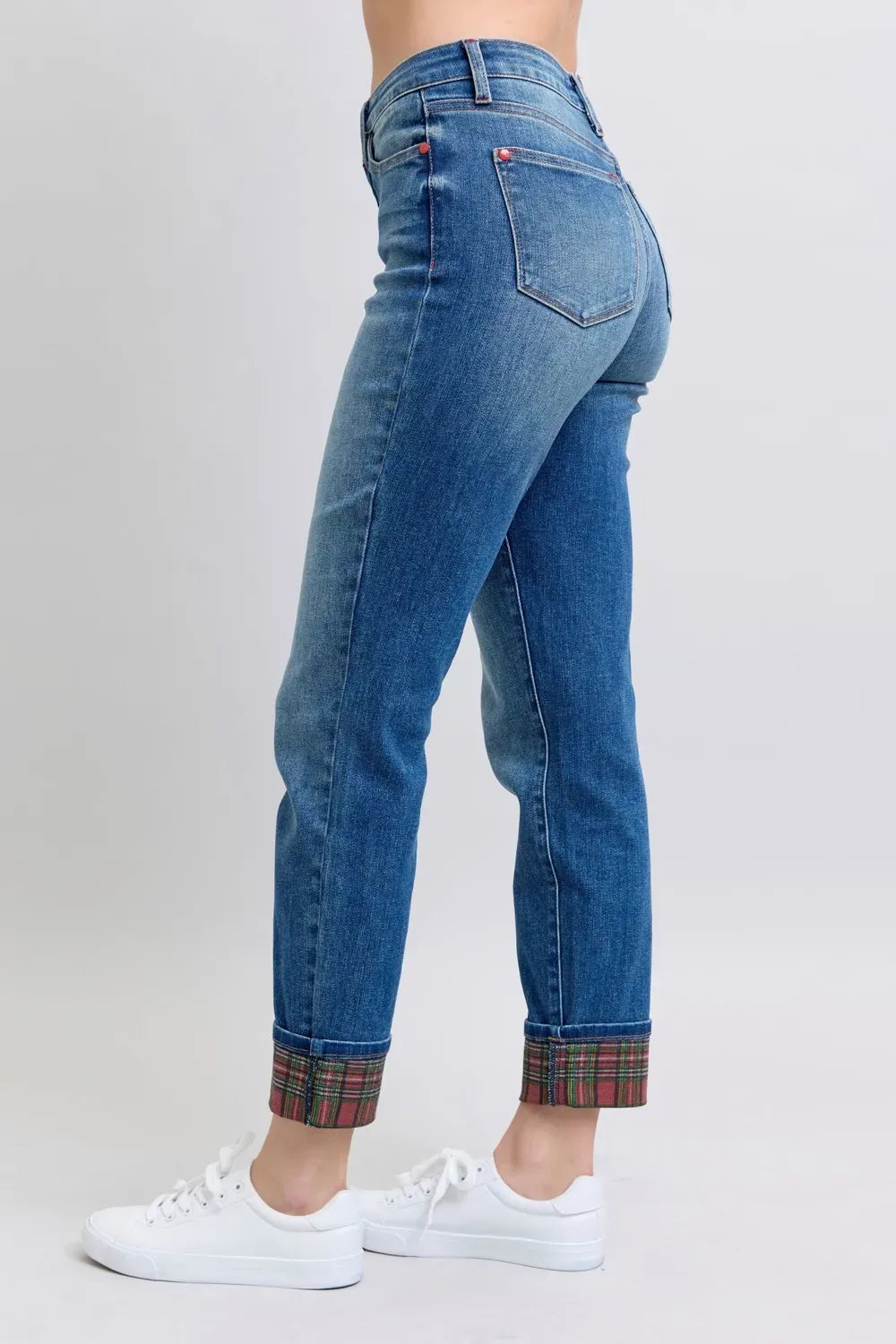 Judy Blue Camden Plaid Print Cuff Straight-Leg Jeans with Pockets — photo 4