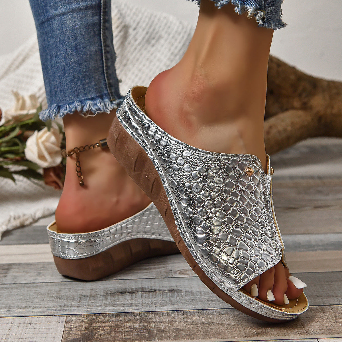Women's Crocodile Pattern Wedge Sandals | Fish Mouth Open Toe Platform Slippers