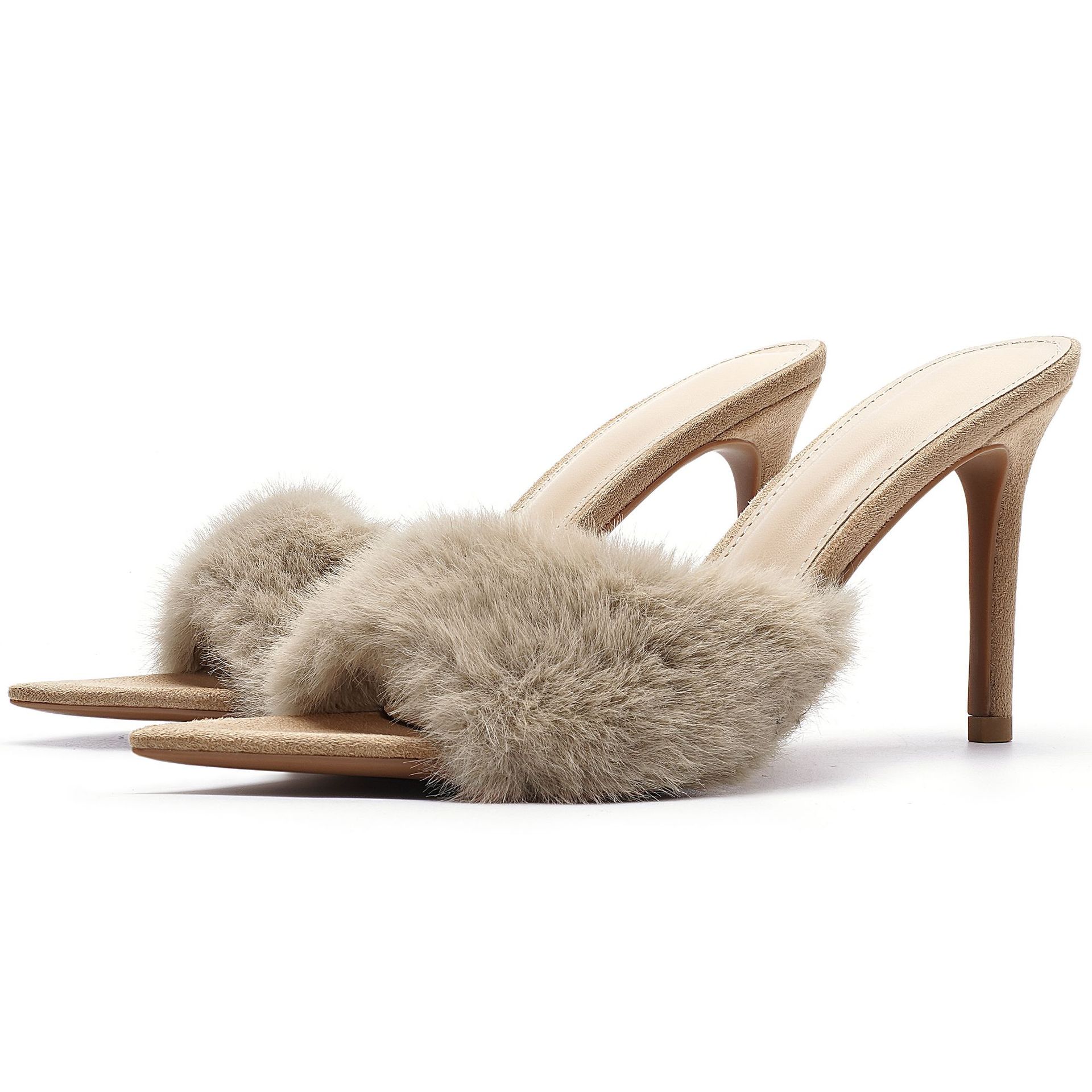 Pointed-Toe High-Heel Plush Slippers