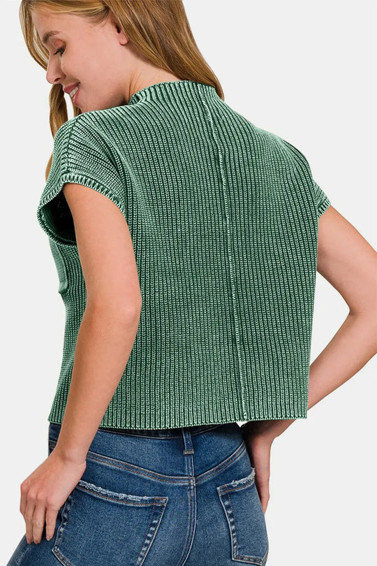 Another view: Washed Mock Neck Short Sleeve Cropped Sweater