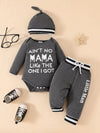 Gray baby letter bodysuit, pants, and hat set