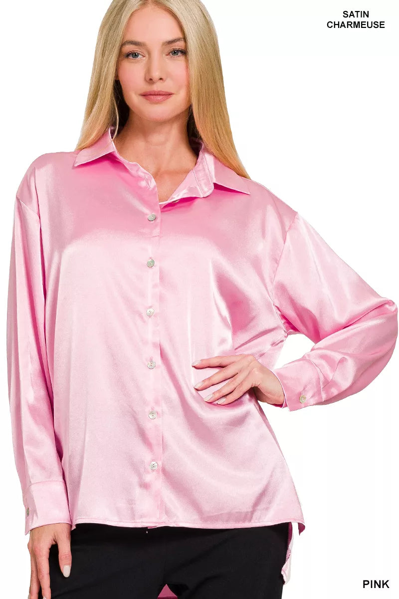 Satin Button Down Long Sleeve Shirt
