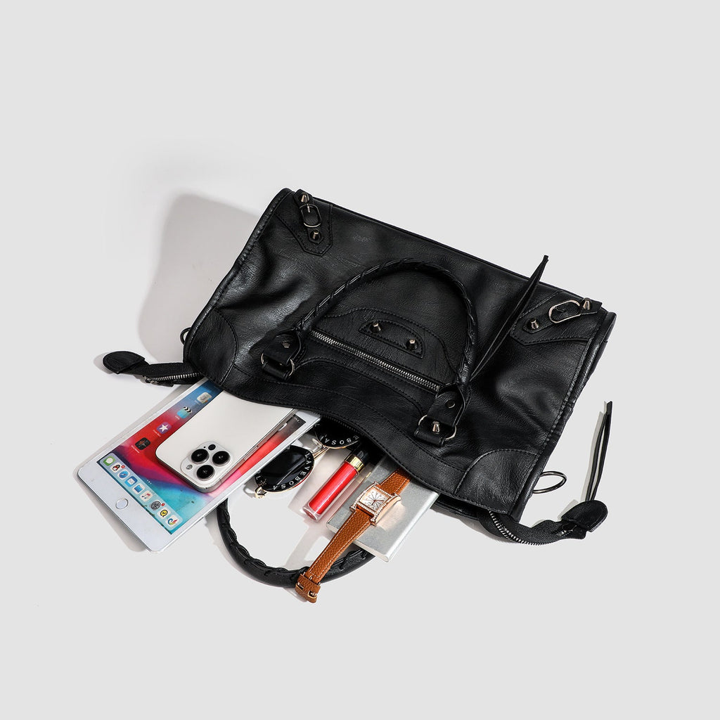 Women's French-Style Studded Biker Crossbody Bag - Premium PU Leather Shoulder Bag