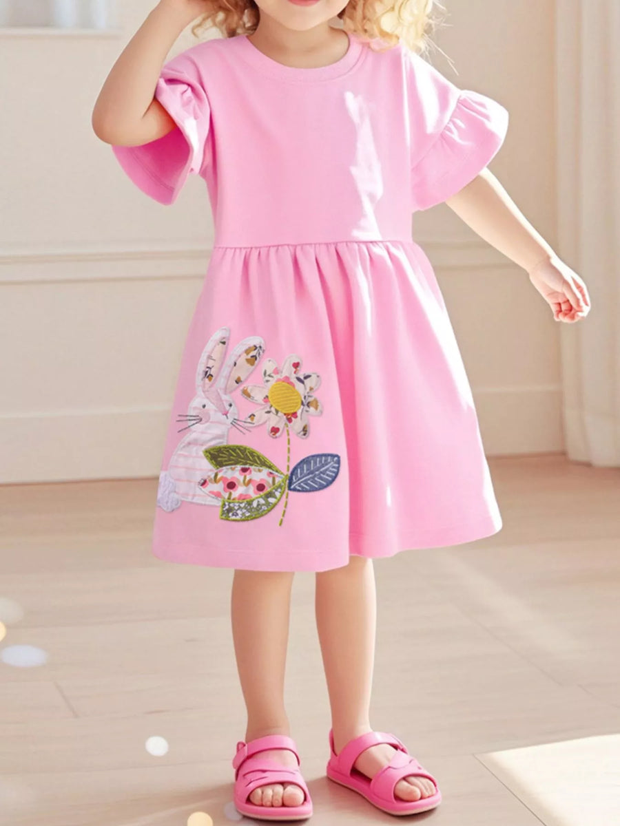 Girls' Embroidered Bunny Ruffle Dress – Blush Pink