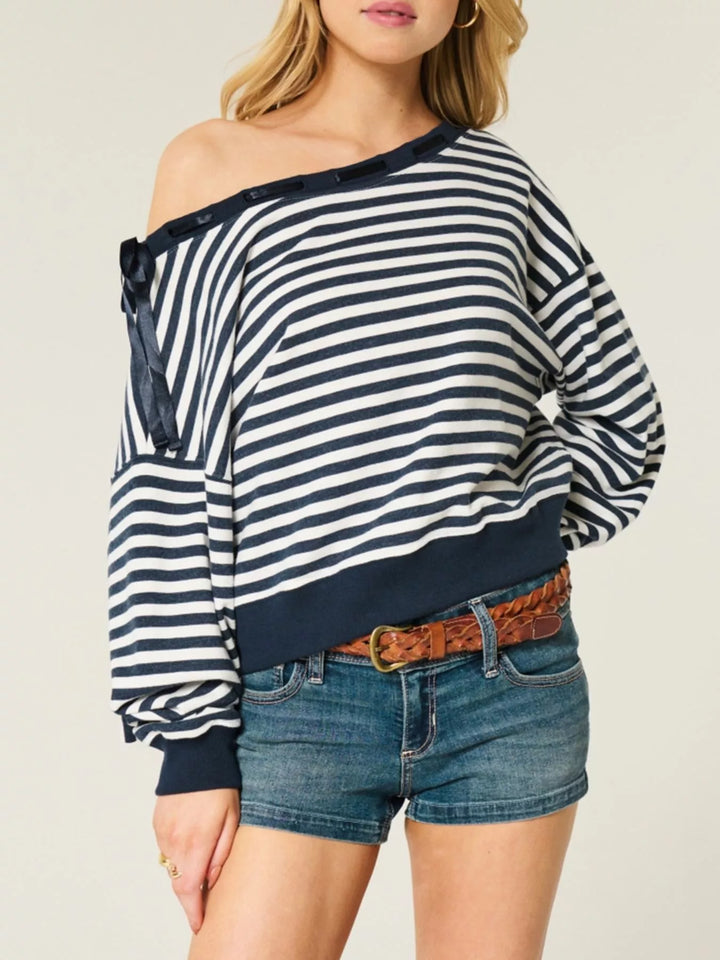 Elara Striped Off-Shoulder Ribbon Accent Sweatshirt — product view 1