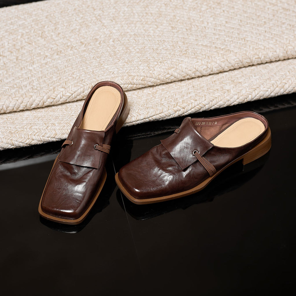 Women's Square Toe Leather Mule Slides | Full-Grain Calfskin Slip-On Low Heel