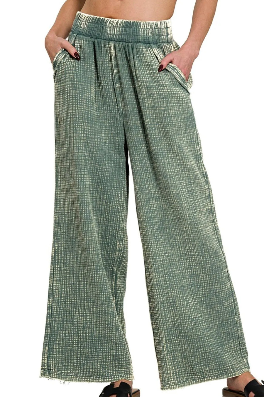 Washed Double Gauze Elastic Band Waist Pants — Ash Jade