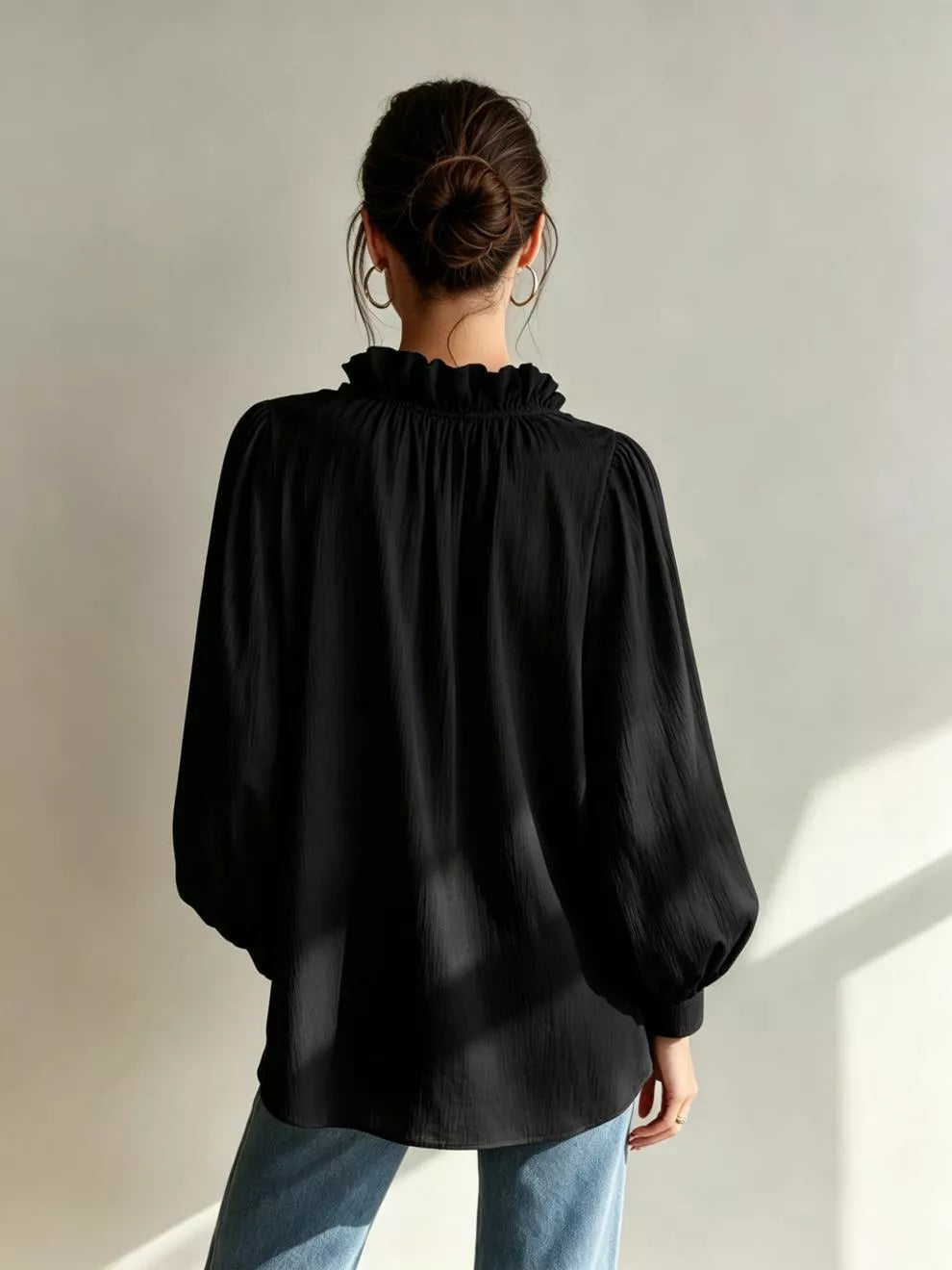 Frill-Trim Notched Long-Sleeve Blouse