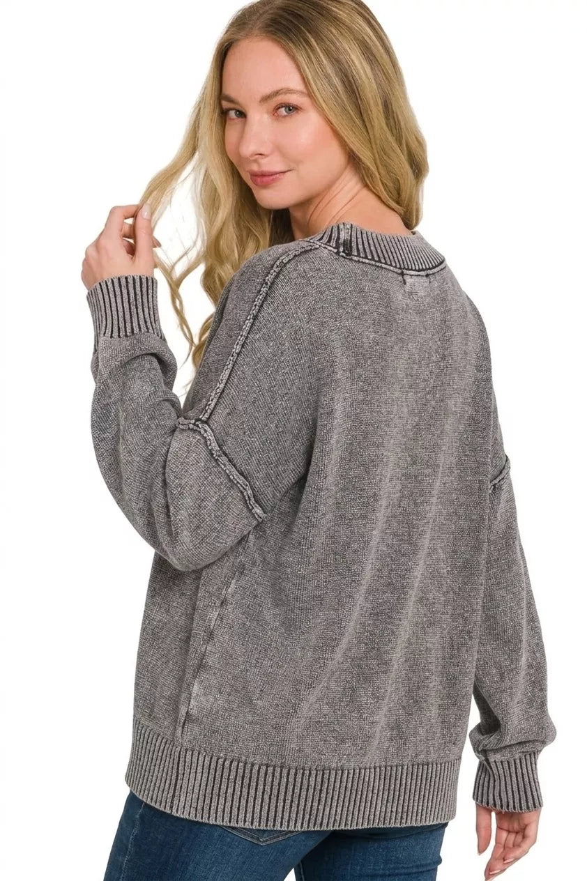 Zenana Washed Deep V-Neck Oversized Sweater — Black