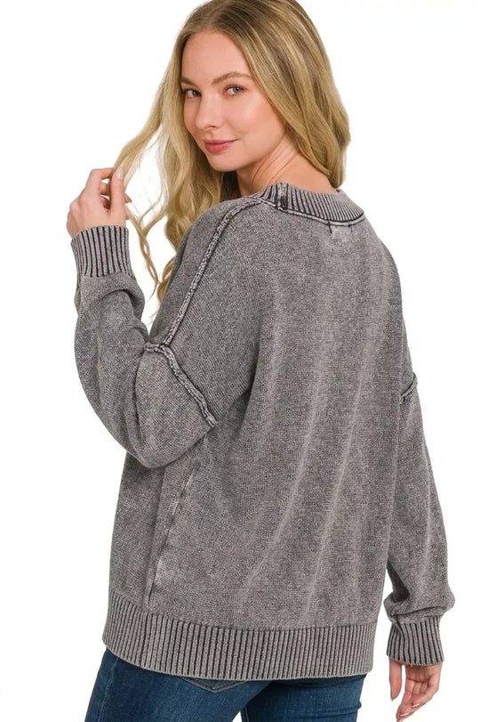 Another view: Zenana Washed Deep V-Neck Oversized Sweater — Black