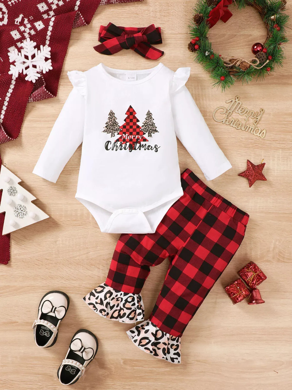 Baby Girls' Christmas Tree Top, Plaid Pants & Headband Set — photo 4