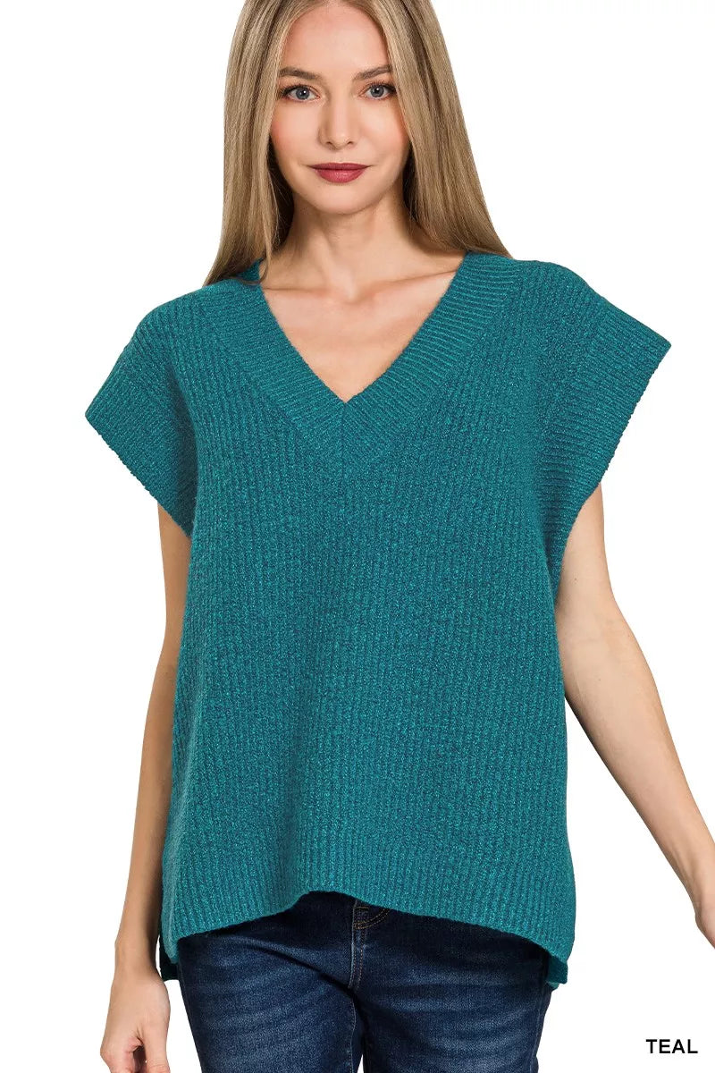 Ribbed Slit V-Neck Sweater Vest
