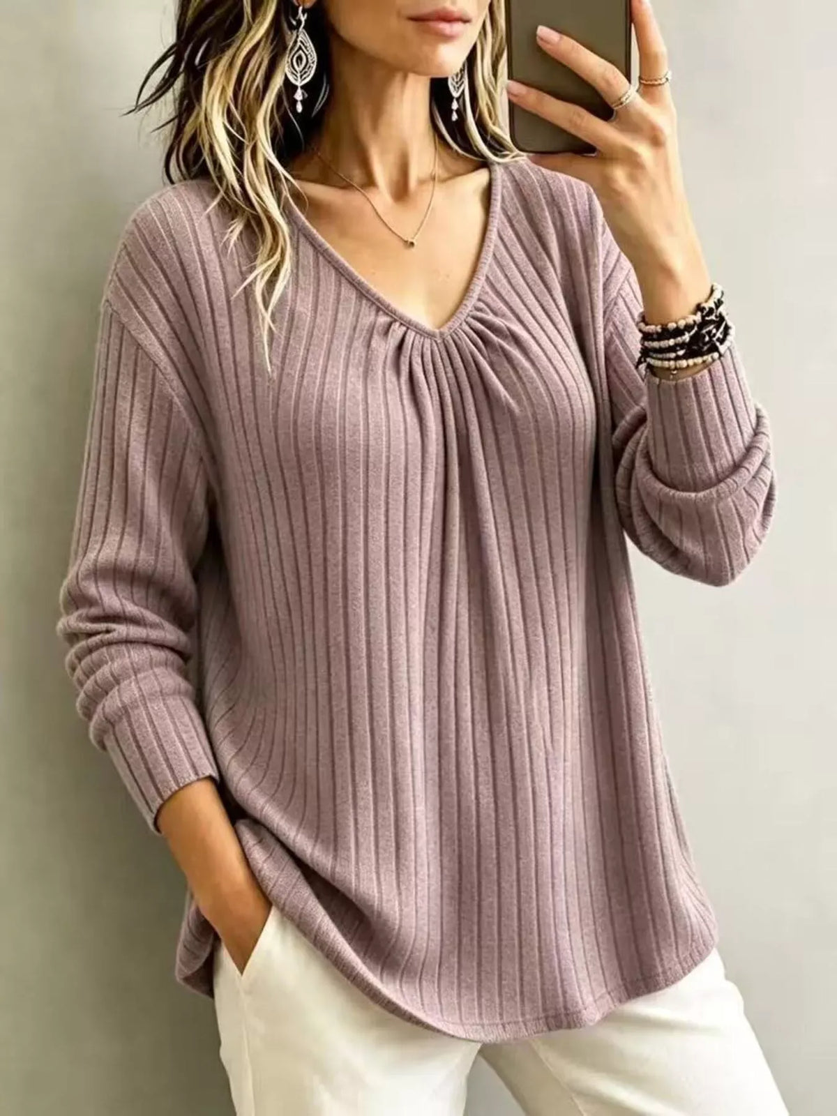 Women's Ribbed V-Neck Long-Sleeve Top — photo 16