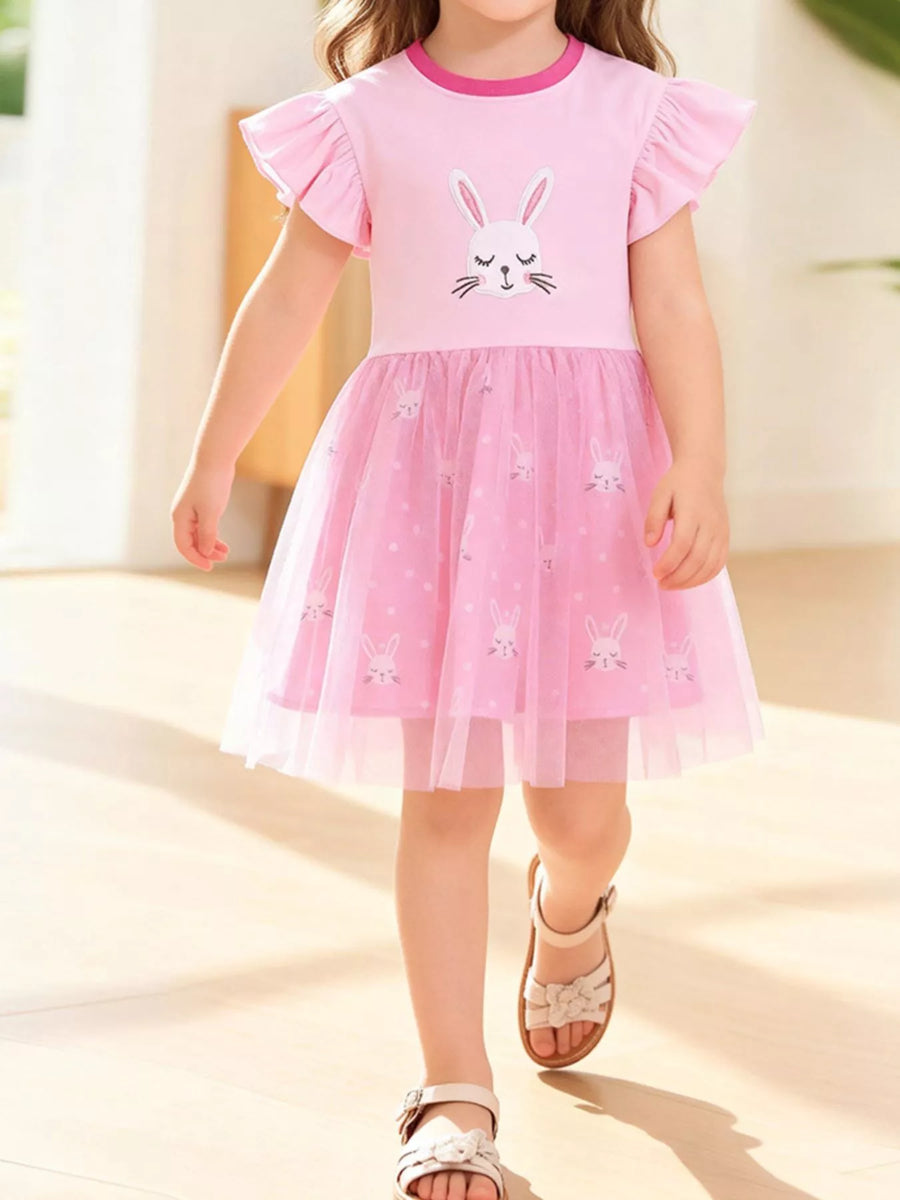 Girls' Embroidered Bunny Cap-Sleeve Dress — Blush Pink