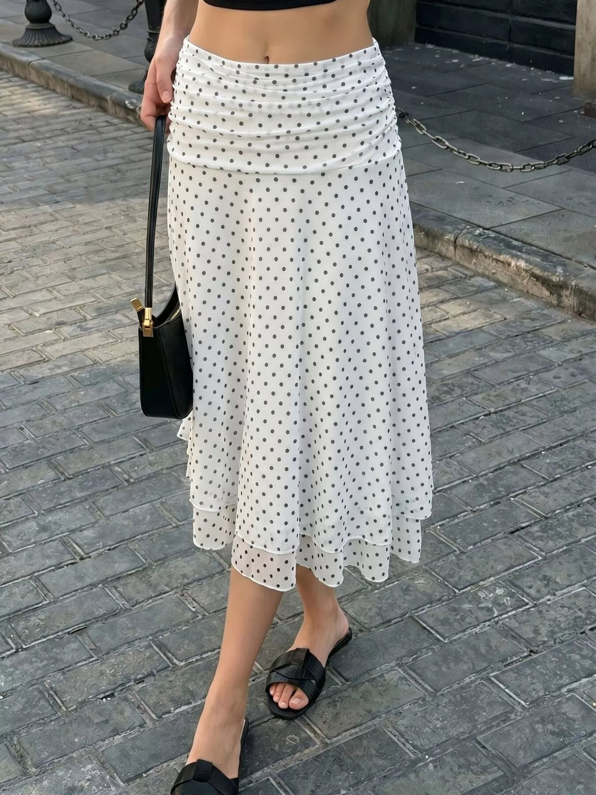 Polka-Dot Ruched Tiered Skirt