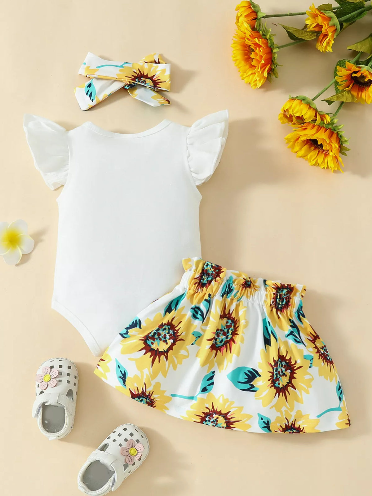North Star Ruffled Bodysuit and Sunflower Skirt Set with Headband