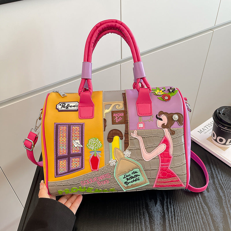 Premium Embroidered Boston Bag - PU Leather Handbag with Patchwork Design