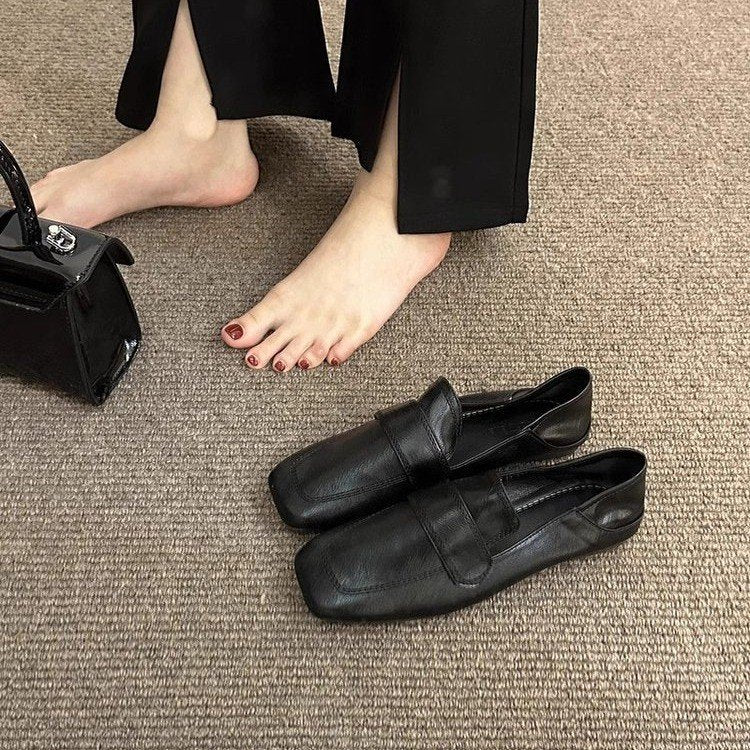 Women's French-Style Retro Square Toe Flat Casual Shoes - Slip-On Comfort Loafers