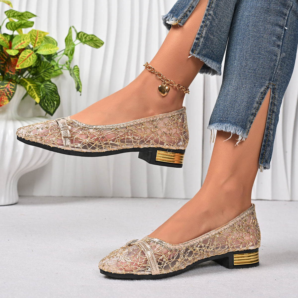 Women's Pointed Toe Mesh Bow Heels – Breathable Slip-On Chunky Low Heel Dress Shoes
