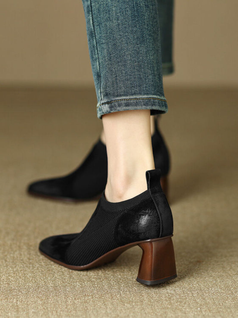 Women's Square Toe Chunky Heel Slip-On Pumps | Knitted Patchwork Leather High Heels | Black & Brown